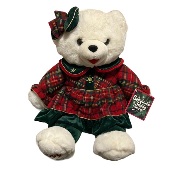 1999 DanDee Snowflake Teddy Bear Girl Plush Christmas Red & Green Plaid Dress - Picture 1 of 8